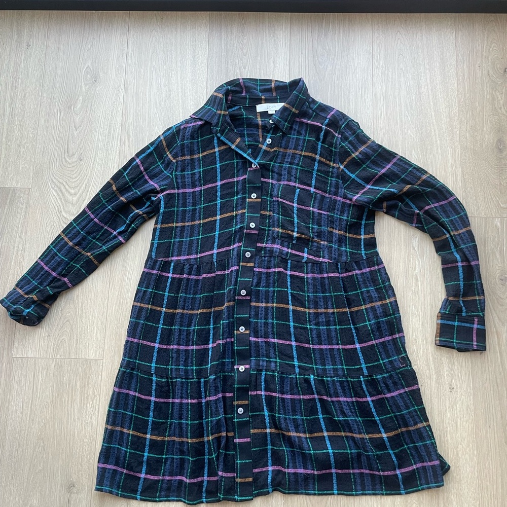 LOFT Blue Geometric Plaid Long Sleeve Dress, M